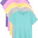 YERIOK 5 Pack Girls Shirts Short Sleeve Shirt for Girls Soft Cotton Tees Kids Tshirts Clothes Summer Tops T-Shirt (14-16 Years, Light Yellow, Pastel Pink, Mint Green, White Gray, Purple)