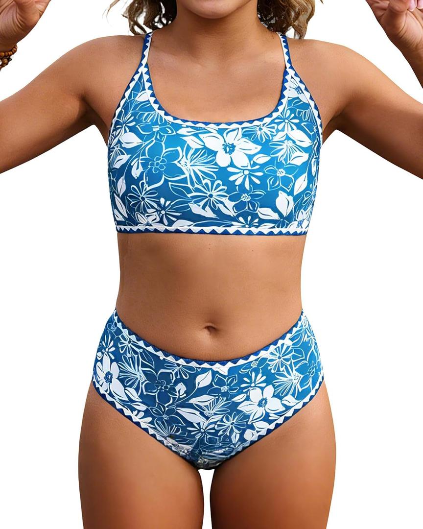 XUNYU Teen Girls Swimsuit 2 Piece Bathing Suit Tummy Control Girls' Swimwear High Waisted Bikini Sets Cute Floral Swim Suits (12-14 Years, Peacock Blue Swimsuits)