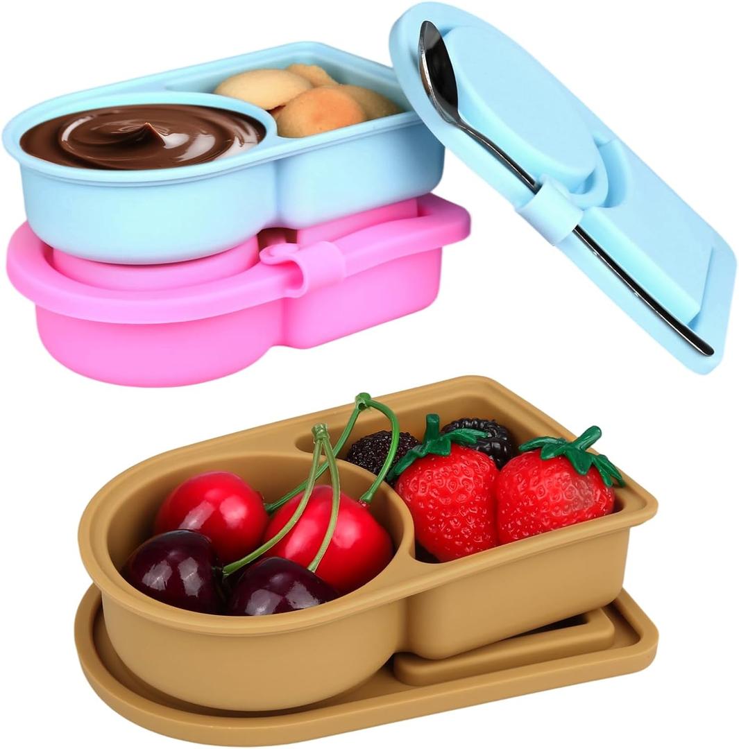 3 Pcs Silicone Snack Containers with Lids, Double Compartment Reusable Snack Containers with Lids and Spoons, Silicone Snack Container Small Mini Food Snack Boxes for Seasoning Salad Sauce