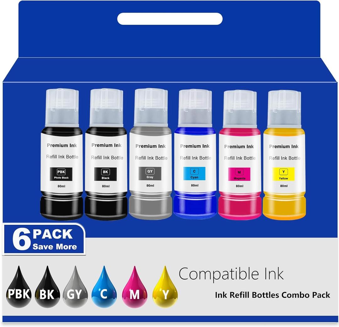 552 Ink Refill Bottles 6 Pack Replacement for Epson Ecotank Photo ET-8550 ET-8500 ET8550 ET8500 8550 8500 Printer, Compatible for T552 Dye Ink Black, Photo Black, Cyan, Magenta, Yellow, Gray