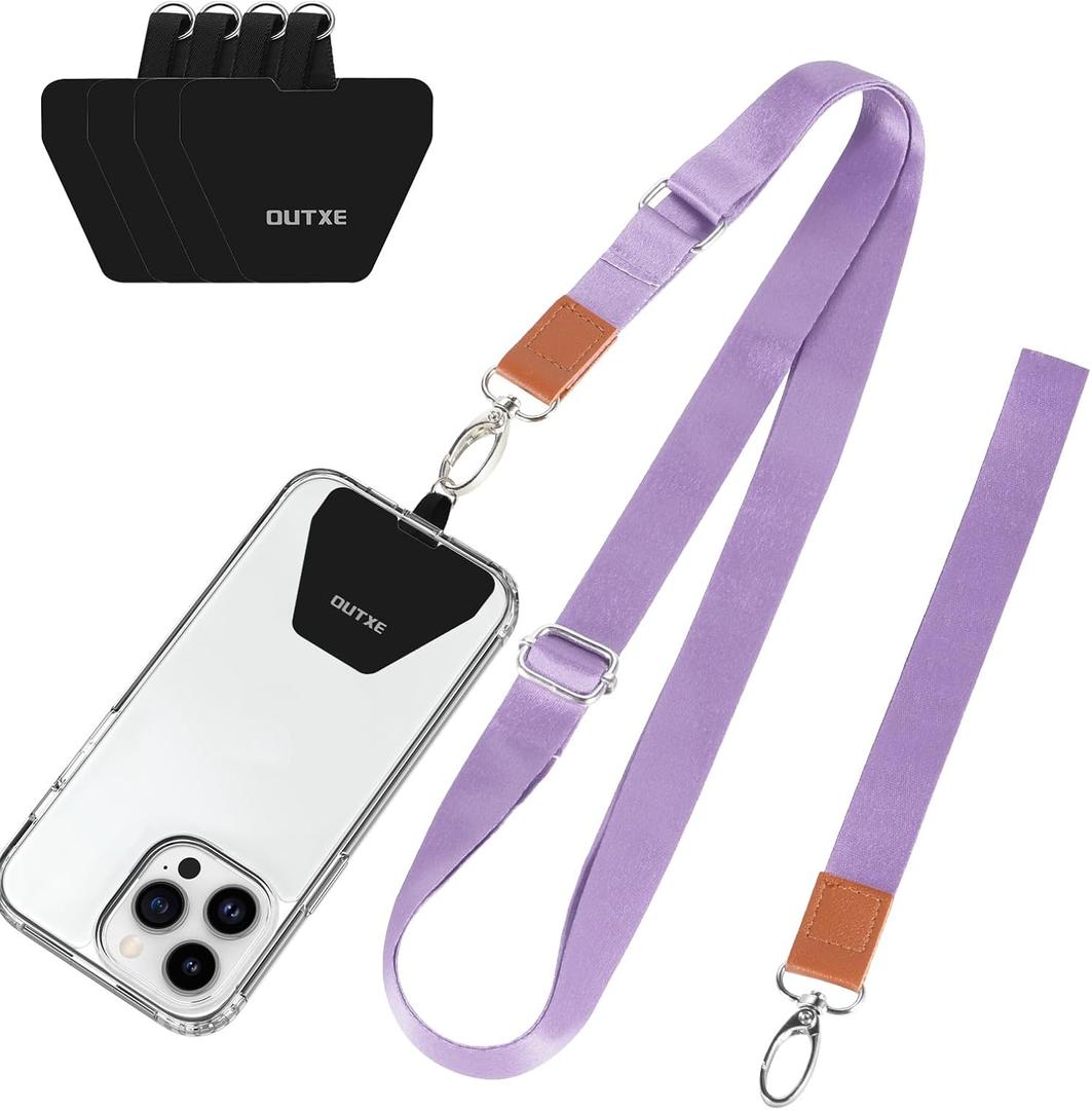 OUTXE Phone Lanyard - 4 Pads, 1 Adjustable Neck Strap, 1 Wrist Strap, Nylon Phone Lanyard Compatible with All Smartphone- Mystic Purple