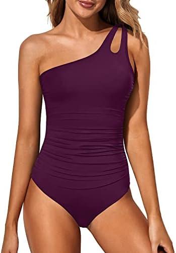 Two Piece Tankini Bathing Suit One Shoulder Swimsuit for Women Tummy Control Swimwear, Size L