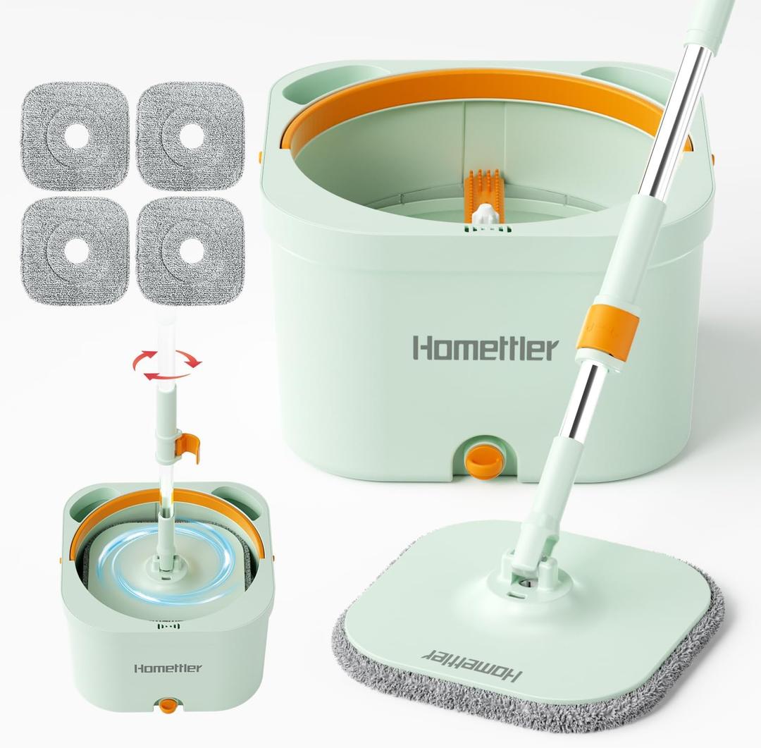Spin Mop and Bucket with 4 Microfibra Replaceable Mop Pads, Self Separation Dirty and Clean Water System Self Wringing 360 Rotating Square Mop-Head (1 Bucket + 52'' Mop + 4 Microfibra Pads)