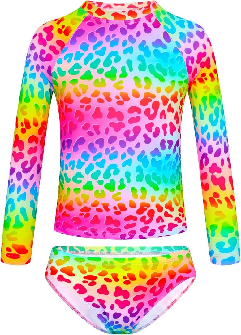 TENVDA Girls Swimsuit Long Sleeve Rash Guard Sets UPF 50+ Two Piece Bathing Suits Size 3-12 Years (7-8 Years, Rainbow Leopard)