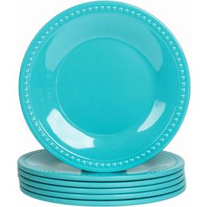 11 inch Aqua Melamine Plastic Beaded Dinner Plate Set of 6, BPA Free, Chip & Break Resistant, Lightweight, Great for Dining, Weddings & Everyday Meals