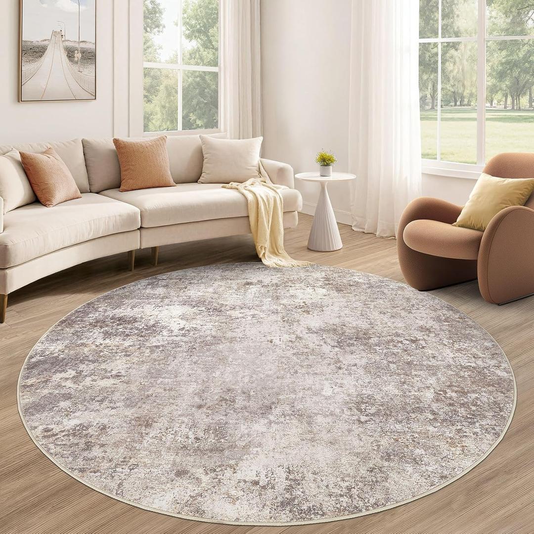 8ft Round Area Rug Living Room Rugs - 8x8 Washable Large Soft Indoor Neutral Modern Abstract Low Pile Rug Carpet for Bedroom Dining Room Farmhouse Home Office - Brown