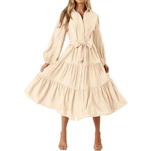 MASCOMODA Women's Dresses 2025 Fall Long Sleeve Midi Dress Casual V Neck Button Down Tiered Flowy Aline Tie Waist Shirt Dress (Medium, Beige)