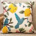 Embroidered Throw Pillow Cover 18x18 Inch - Summer Boho Decorative Pillow Cover with Zipper for Living Room Couch Sofa Bed Aesthetic Design Bird Lemon Linen Cushion Pillowcase