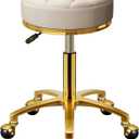 Rolling Stool Gold Vanity Stool with Wheels, Pedicure Massage Roller Stools, PU Leather Round Swivel Salon Spa Chair, Titanium Gold Base, Height Adjustable 43-55 cm (Off White)