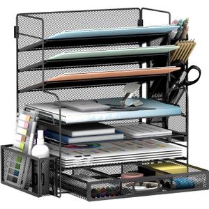 7 Tier Desk File Organizer Office storage Desk Accessories, Desktop Organizer for Office Supplies with Drawer and 2 Pen Holders (Black)