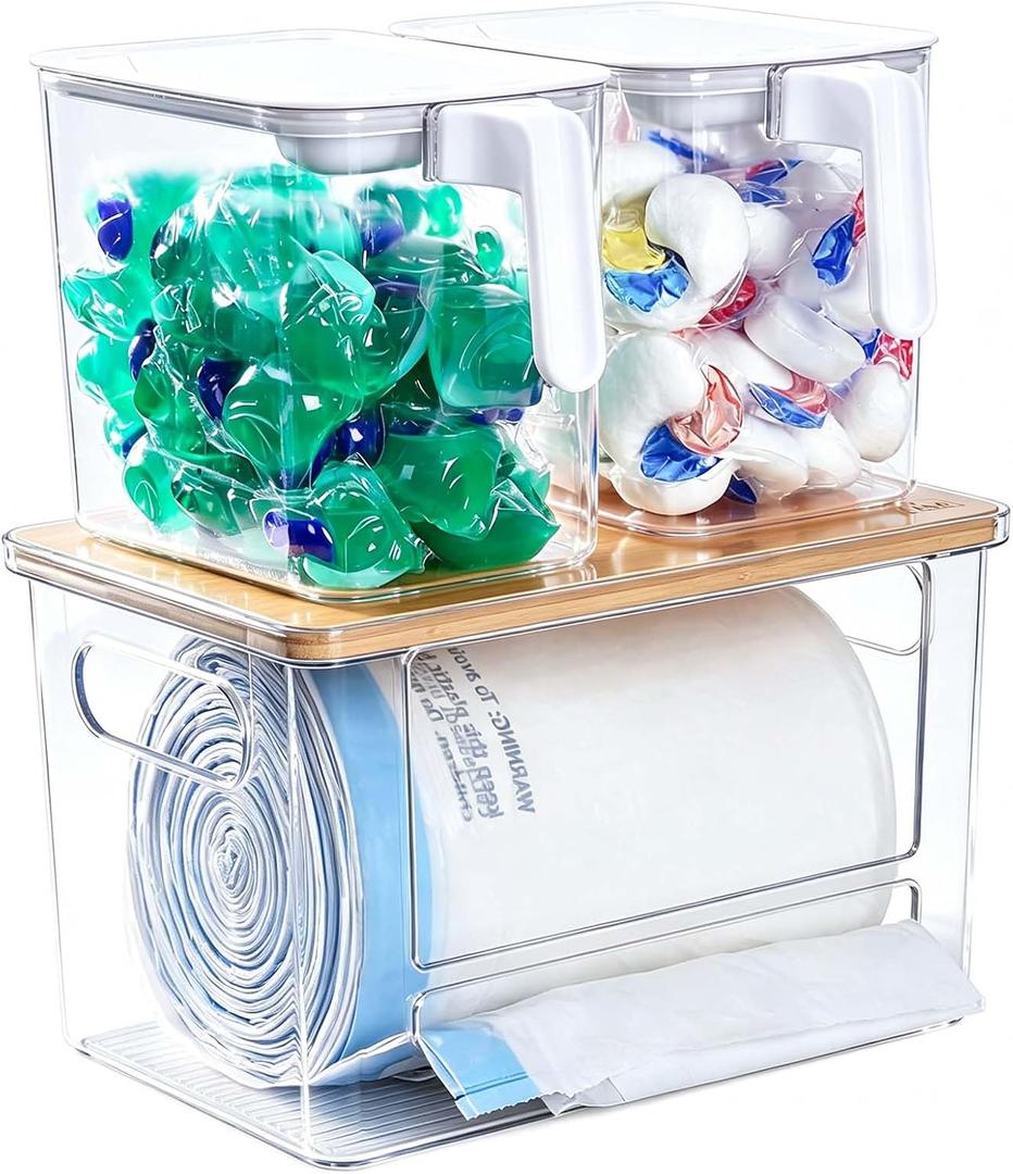 iCASA Trash Bag Dispenser and Dishwasher Pod Organizer, 3 in 1 Dish Pod and Trash Bag Holder Large Garbage Bag Dispenser, Laundry Detergent Pods & Tabs Container Kitchen Under Sink Organizer
