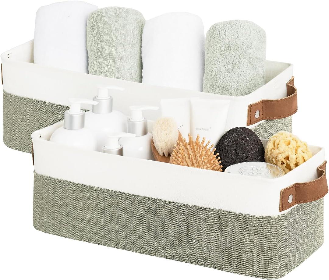 StorageWorks Narrow Storage Bins, Small Basket for Closet and Shelves, Fabric Organizer with Handles, Toilet Paper Storage, Green and White, 2-Pack (15"L x 6"W x 5"H)