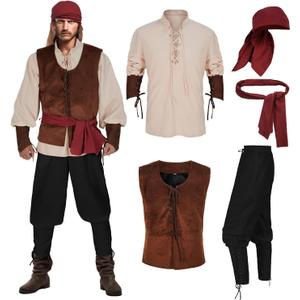 Men's Pirate Costume 5 Pcs Medieval Renaissance Outfits Halloween Viking Set (X-Large, Z3601)