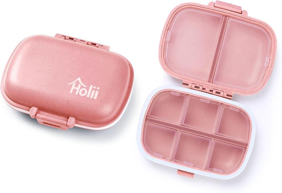 Holii  8 Compartments Travel Pill Organizer, Pocket Pharmacy for Purse Daily Pill Box Portable Medicine Organizer Vitamin Holder Container (Light Pink)