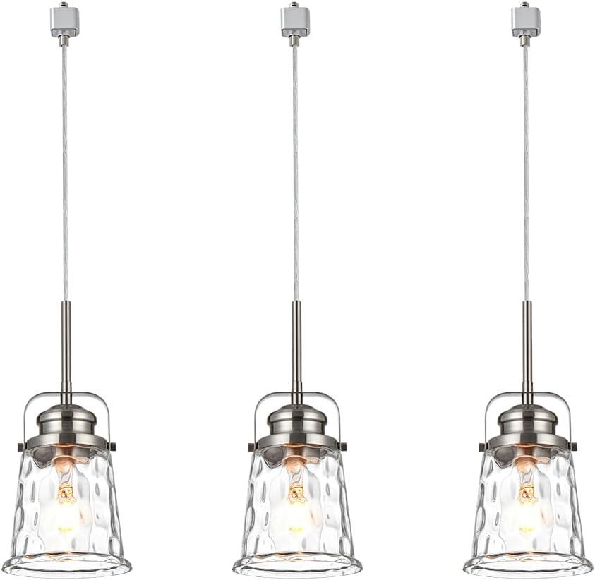 H-Type Track Lighting Brushed Nickel, -Light Modern Halo Track Pendant Light with Hammered Glass Kitchen Island Pedant Lights for Bedroom Kitchen, -pack