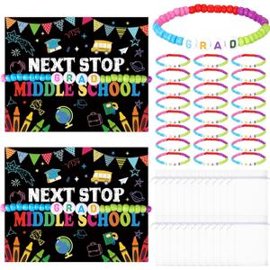 Cunno 24 Sets 5th Grade Graduation Gifts Bracelets for Students Class of 2025 Bracelet Greeting Card with Bags Letter Welcome Bracelets for Students 5th Grade Graduation Party Favors Gift