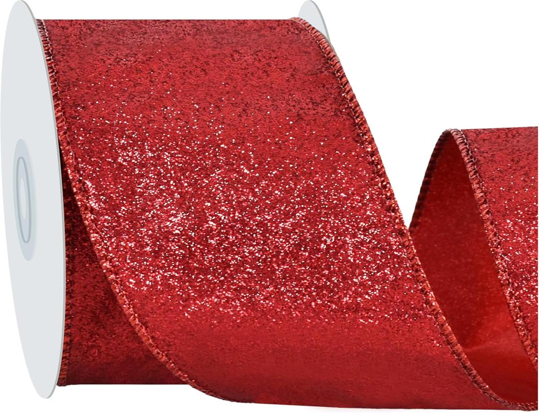 Red Glitter Ribbon, 2.5 Inch 10 Yards Sparkly Wired Edge Fabric Ribbon for Craft, Wreath Bow, Gift Wrapping, Christmas Party Decoration
