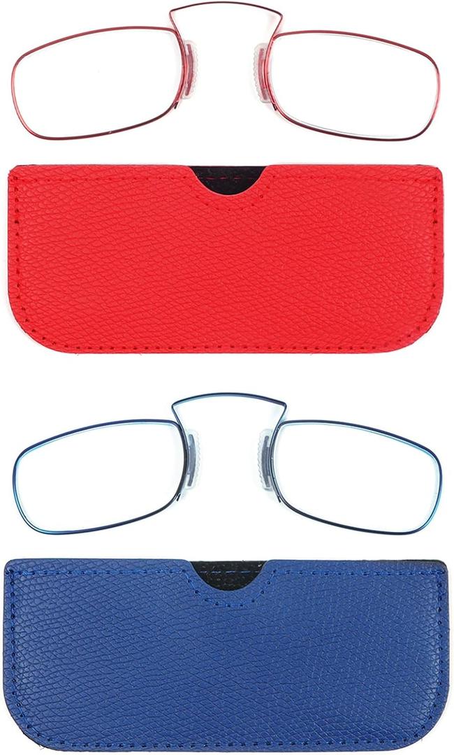 REAVEE 2 Pack Small Armless Reading Glasses for Men Women, Blue Light Blocking No Temple Compact Readers with Portable Case (Rectangular - Red and Blue)