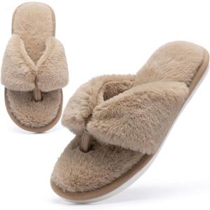 MAXTOP Fluffy House Slippers for Women Open Toe Cute Memory Foam Flip Flop Slippers Indoor Outdoor Soft Slides Shoes (7-8 Women/5-6 Men, Dark Brown)