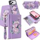 Compatible for iPhone 17 Phone Case Crossbody Wallet,Detachable Magnetic,Card Holder,Wrist Lanyard Strap,Zipper Wallet Case for Men Women,PurpleFlower