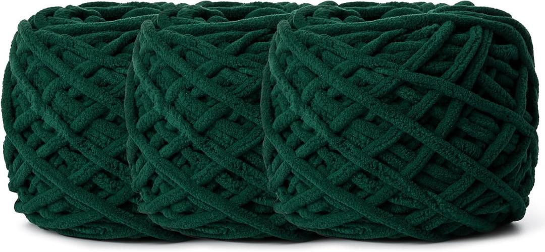 3 Pack Fluffy Chenille Chunky Yarn for Crocheting 100g(65.6yd) - Baby Yarn for Crocheting Soft - Velvet Yarns for Crochet Blanket - Amigurumi Crochet Yarns (Dark Green)