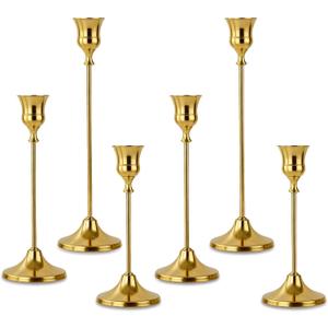 Candlestick Holders 6pcs Gold Candle Holders, Brass Metal Taper Candle Holders, Vintage Modern Decorative Centerpiece Candle Sticks Holder Decor for Table Mantel Wedding Party Housewarming Gift