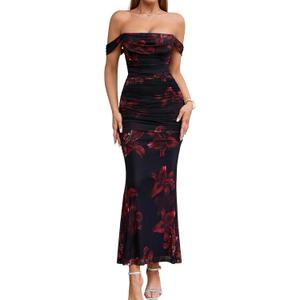 KUTUMAI Off The Shoulder Maxi Long Dress Corset Ruched Bodycon Formal Wedding Guest Dresses for Women (Large, Redfloral)