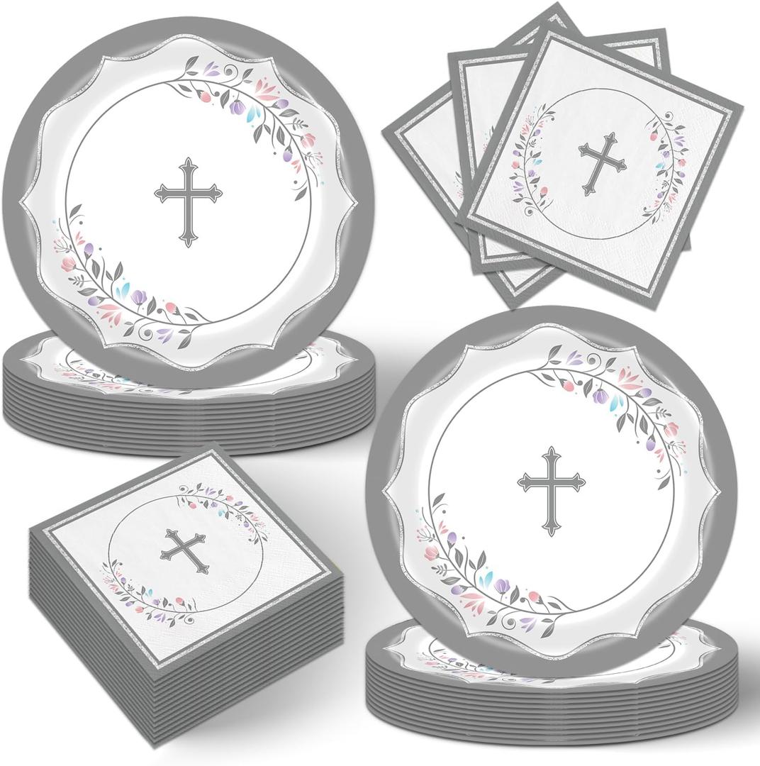 40Pcs Gray God Bless Plstes and Napkins First Communion Decorations Baptism Decorations for Boys Girls (A15)