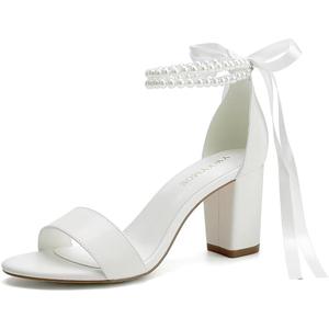Block Heel Wedding Shoes for Bride Women Chunky Heeled Sandals Pearl Bridal Shoes (8, Ivory)