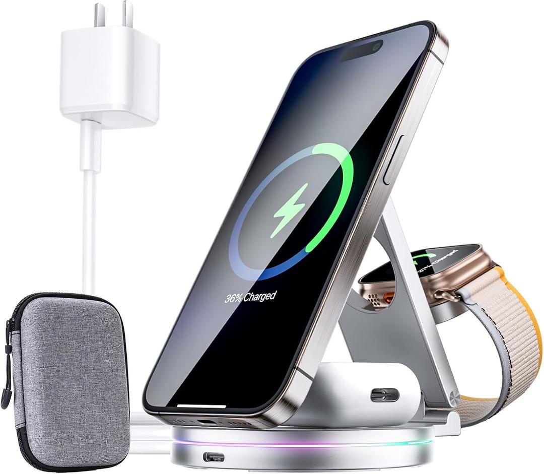 3 in 1 Wireless Charging Station for Apple Charger, 15W Fast Mag-Safe Qi-Certified Magnetic Portable Charger Stand for iPhone 1615141312 Apple Watch AirPods 3/2 Pro, Adjustable Angle (Silver, Qi)