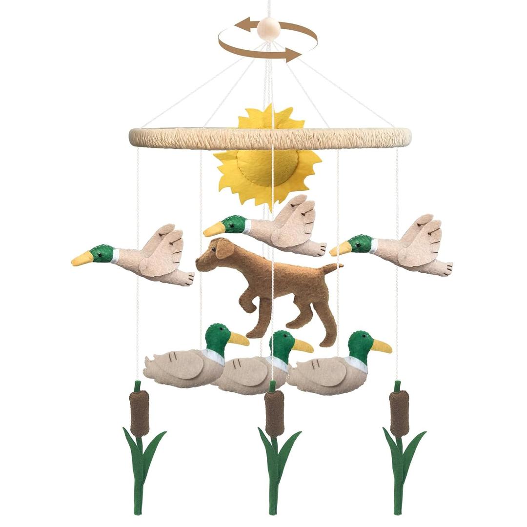 Baby Mobile for Crib Mallard Duck Baby Crib Mobile for Boys Girls Handmade Felt Dog Nursery Decor Duck Hunting Decor Infant Toddler Room Hanging for Bassinet Gender Neutral Newborn Gift