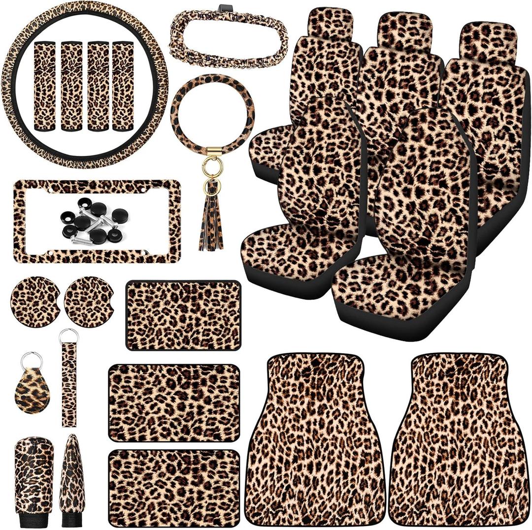 Frienda 26-Piece Leopard Print Car Accessories Set: Seat Covers, Steering Wheel Cover, License Plate Frame, Mirror Covers, Cheetah Print Accessories for Car, SUV, Truck