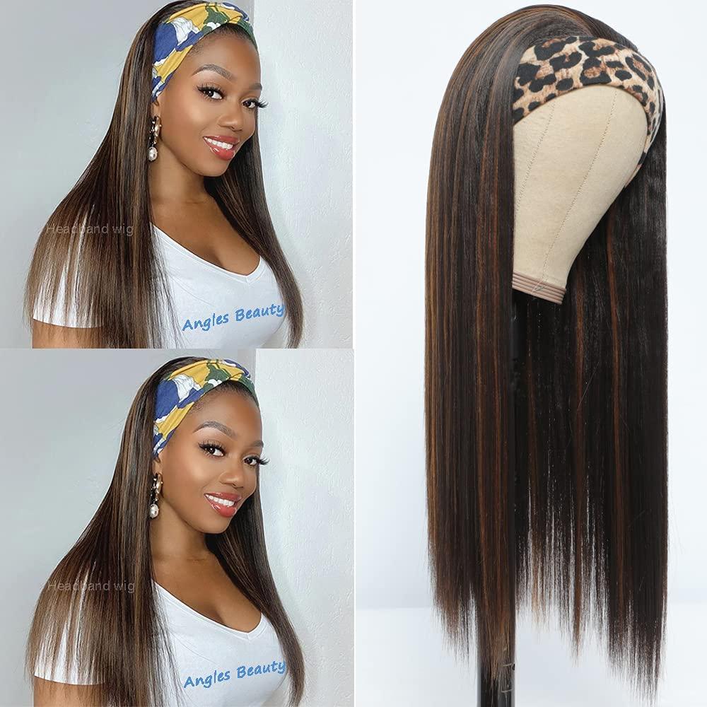 Highlights Headband Wig for Women Black/Brown Long Straight Headband Wig Premium Synthetic Headband Wig Natural Glueless None Lace Front Wigs with Headbands & Wig Caps (18 Inch Black/Brown)