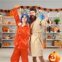 4 Pcs Halloween Horror Movie Costume Accessories Set, Womens Pajamas Set Orange Outfit, Blue Wig, Striped Gloves for Women Cosplay Party