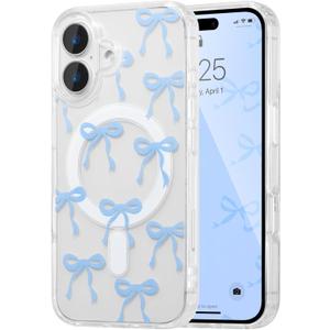 UEEBAI Magnetic for iPhone 16 Case, Bow Case Compatible with MagSafe, Wireless Slim Clear Ribbon Aesthetic Phone Cover Anti-Yellowing Shockproof Protective Cover for Women Girl - Baby Blue