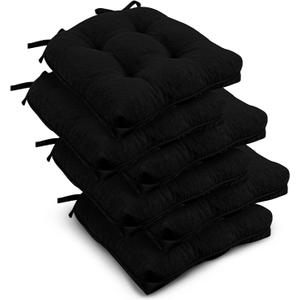 Downluxe Indoor Chair Cushions for Dining Chairs, Tufted Overstuffed Textured Kitchen Chair Pads with Ties and Non-Slip Backing, 15.5" x 15.5" x 4", Black, 6 Pack