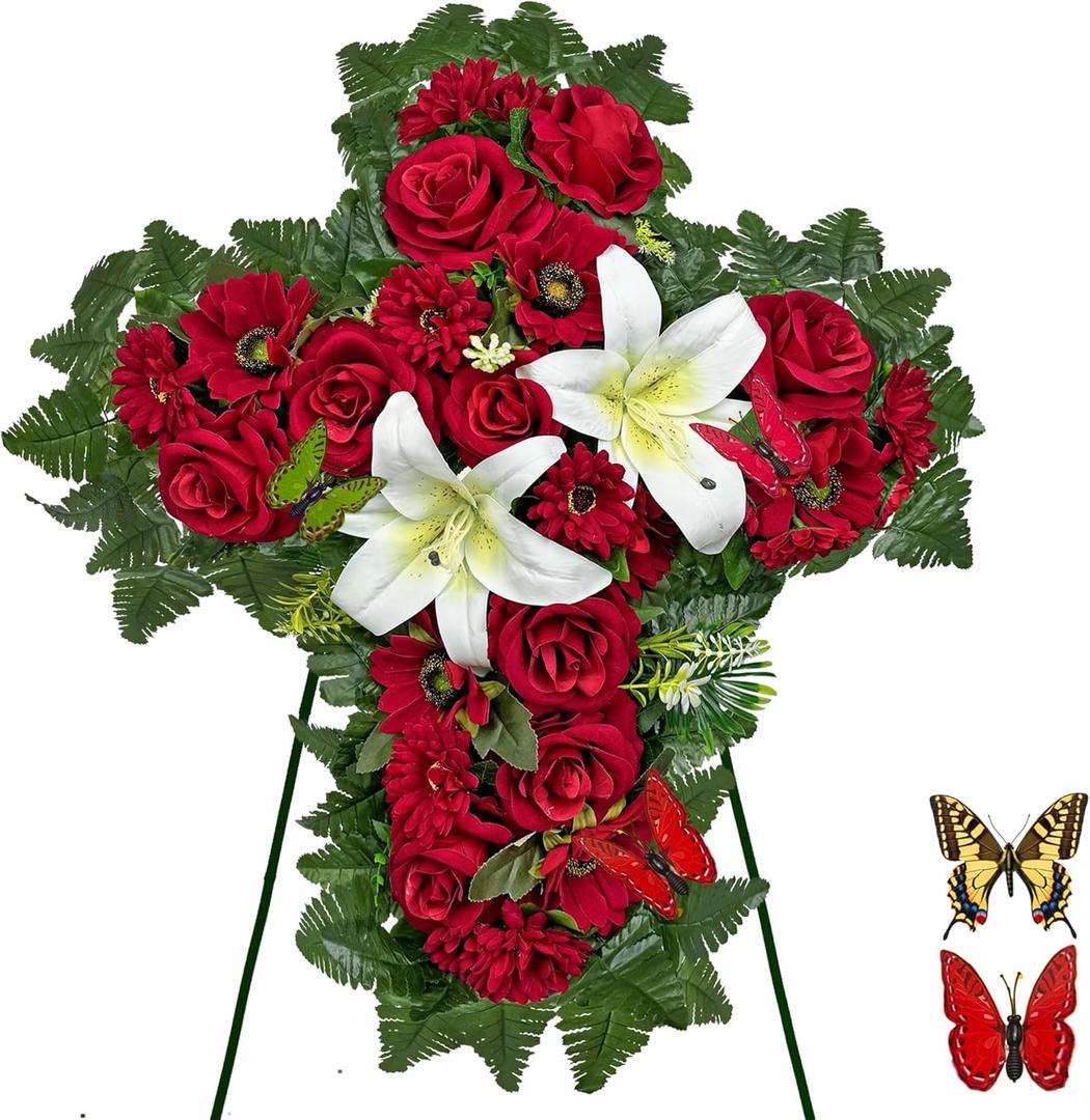 Cemetery Flower for Grave Decorations, Memorial Floral Cross with Easel Stand,Headstone Wreath-Red Rose Hibiscus/White Lily-28 Inch