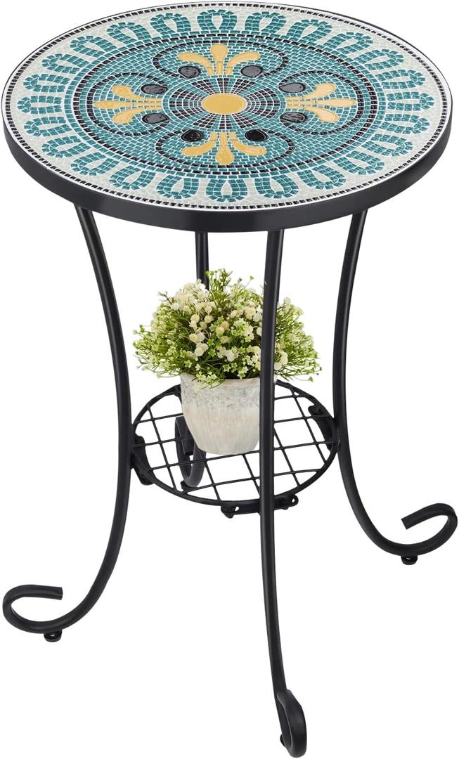 VCUTEKA Outdoor Side Table Mosaic Patio Table Accent Tables Mosaic Tile Top Metal Frame Small End Tables Porch Beach Patio Garden Balcony Green 14''