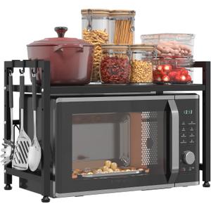 Extendable Microwave Oven Stand, Adjustable Microwave rack Toaster Shelf, Heavy Duty Rack 2 Tier Kitchen Counter Top Organizer with 6 Hooks for Kitchen (Black)