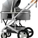 2 in 1 Convertible Baby Stroller with Bassinet Mode Foldable Infant Stroller Newborn Stroller with Reversible Seat Travel Pram Baby Carriage with Big Rubber Wheels (Grey)