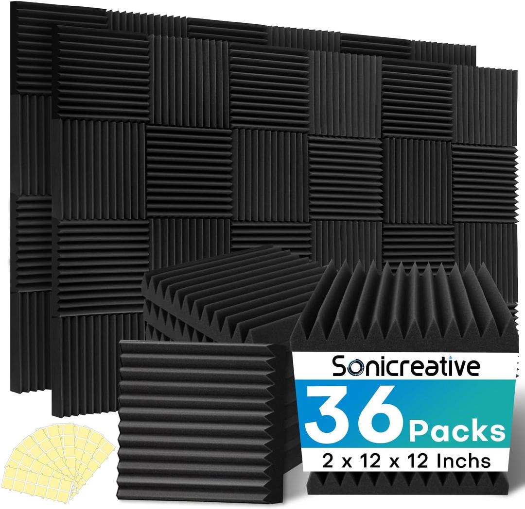 36 Packs Acoustic Foam Panels Wedge 2" X 12" X 12" High Density Soundproof Foam Panels Quick Recovery Sound Proof for Walls with 180 Pcs Double Side Self Adhesives