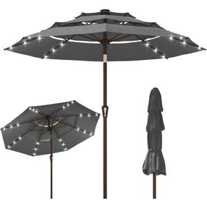 Kingdura 10ft 3-Tier Patio Umbrella with Solar Lights, Table Umbrella Outdoor Patio with Easy Crank & Tilt, 8 Sturdy Ribs, UV Protection, 32 LED Lights for Deck, Poolside, Market (Grey)