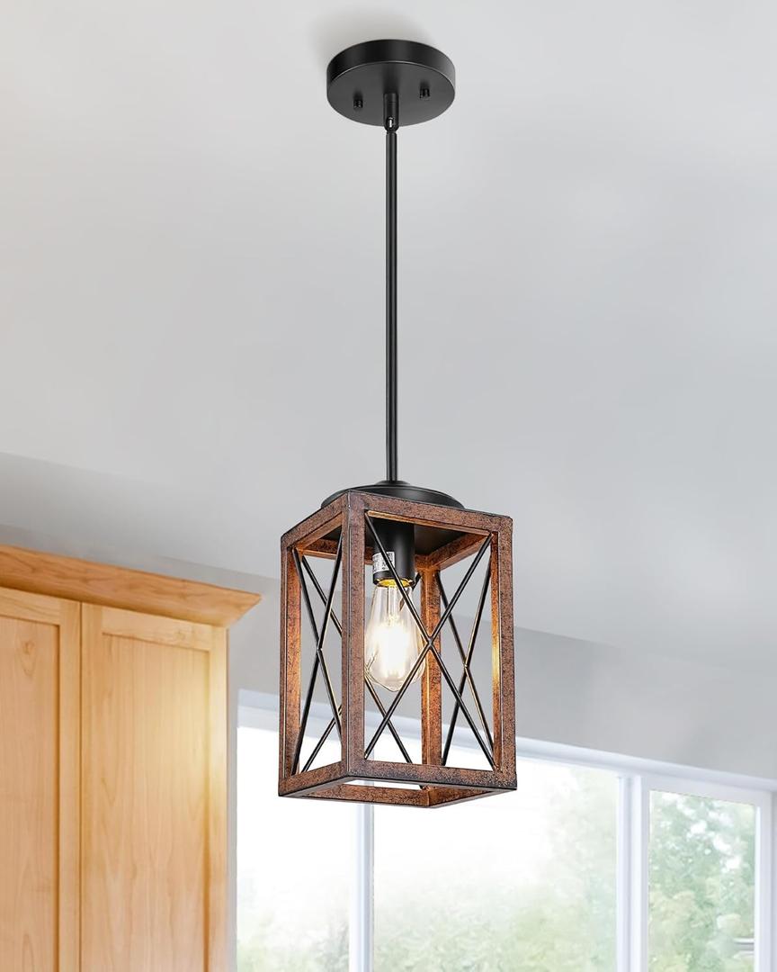 DEWENWILS Farmhouse Pendant Light, Metal Hanging Light Fixture with Wooden Grain Finish, 48 Inch Adjustable Pipes for Flat and Slop Ceiling, Kitchen Island, Bedroom, Dining Hall, E26 Base (Brown)