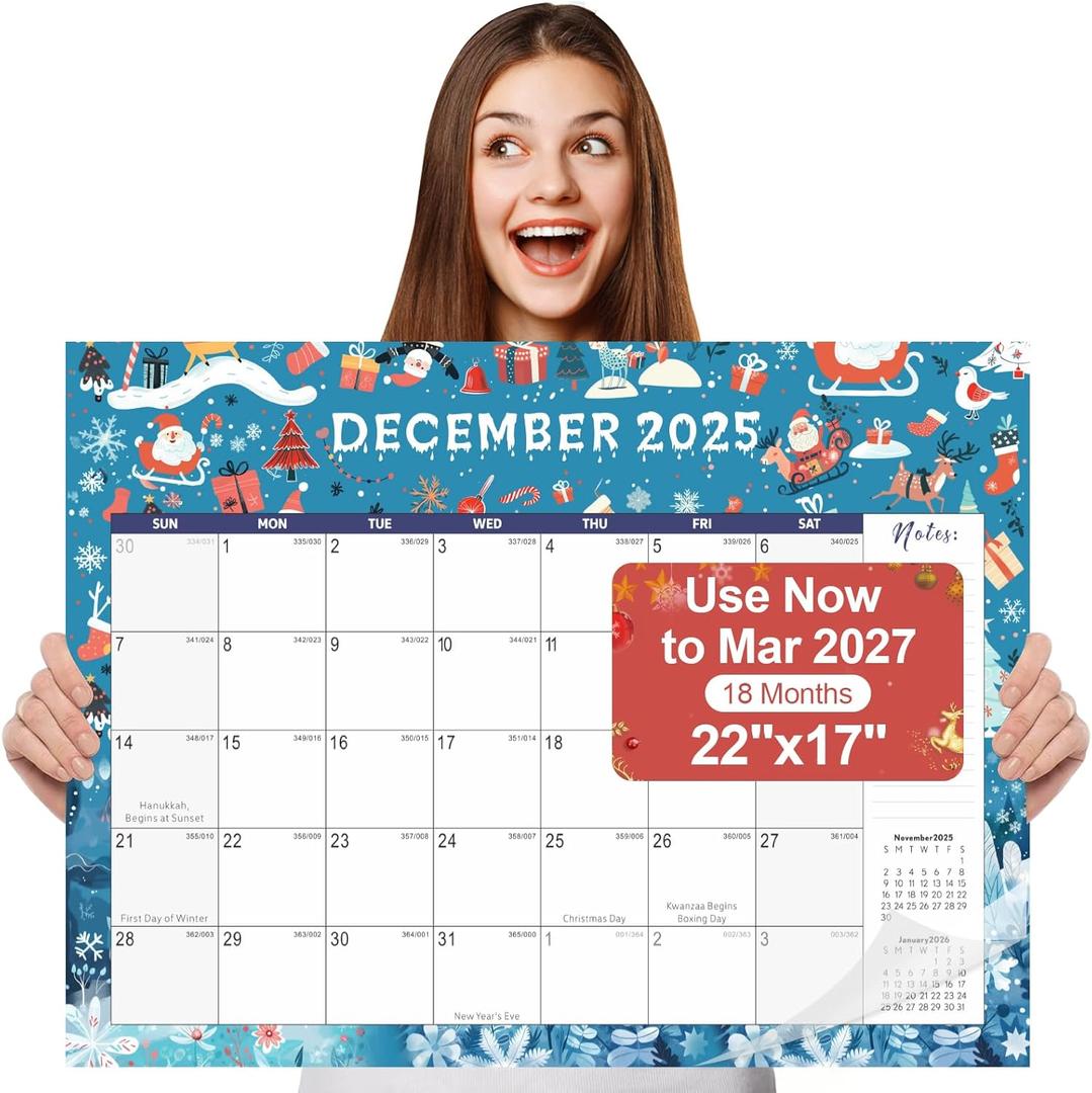 Gannyfer Desk Calendar 2026, Large 2026 Desk Calendar 22" x 17", 18 Months Desk/Wall Calendar 2026-2027, Use Now to Mar 2027, Thick Paper with Plastic Cover, 2026 Calendar for Home, School, Office - Christmas(2 Binder Clips Included) (Blue)