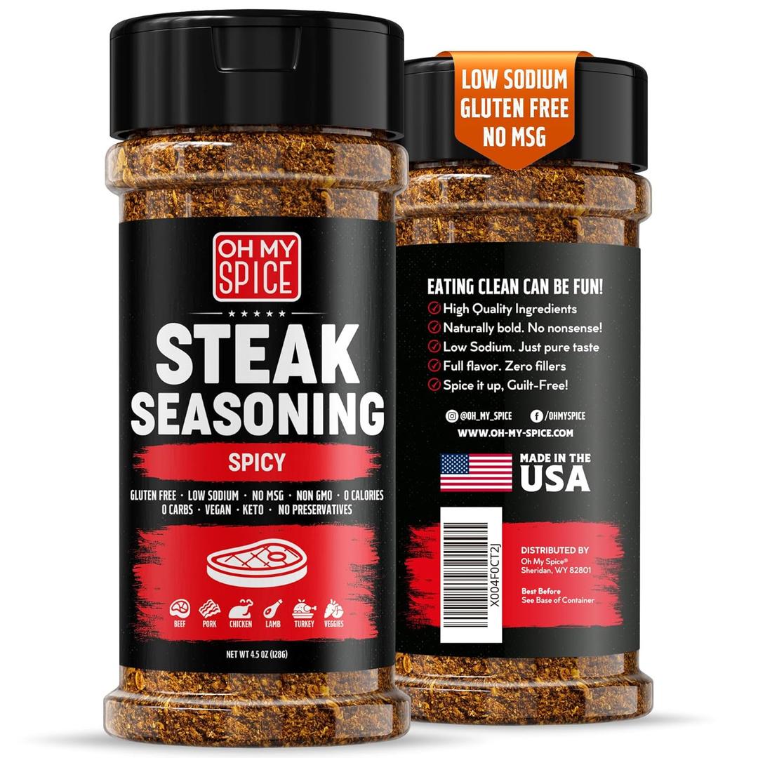 Steak Seasoning Spicy Blend Mix - Gluten Free & Low Sodium Hot Meat Seasoning for Beef, Ribeye & New York Strip Steaks. Spicy Steak Seasonings for Grilling. Gourmet Steaks Spices Salt. BBQ Rub. 4.5oz (EXP 12/10/26)