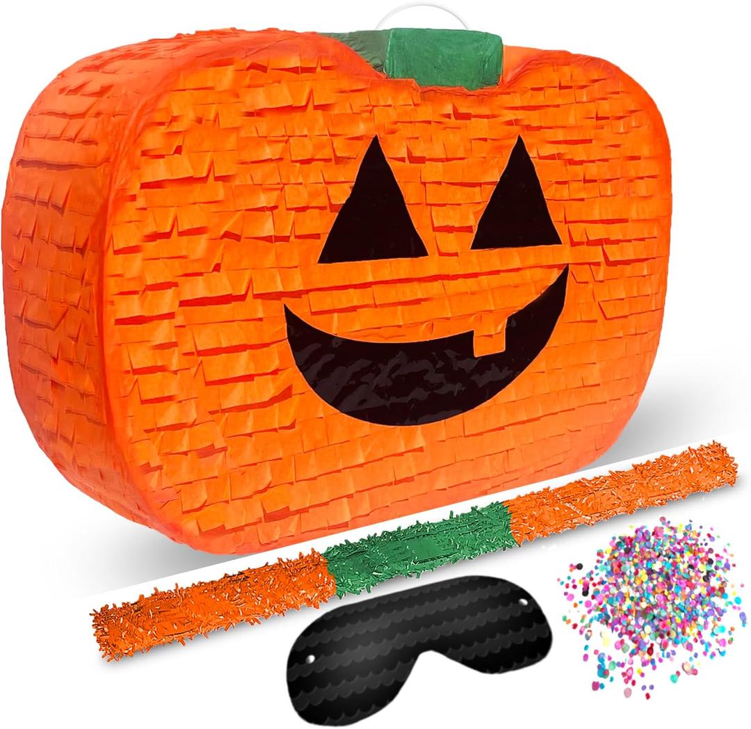 Halloween Pumpkin Piñata 4-piece set 17"x10" Perfect for Halloween Party Decorations, Photo Prop, Jack-O'-Lantern, October Birthday, Funny, Scary and Spooky, Fits candy/favors