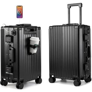 MYER Hard Case 24 Inch Checked Luggage with Spinner Wheels,Aluminum Luggage with 100% 3-Layer PC,Hard Shell Suitcases with Wheels,Cup Holder and USB Port (Classic Black, 24 inch)
