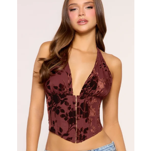 Petal Play Floral Burnout Halter Corset Top, Brown, XS