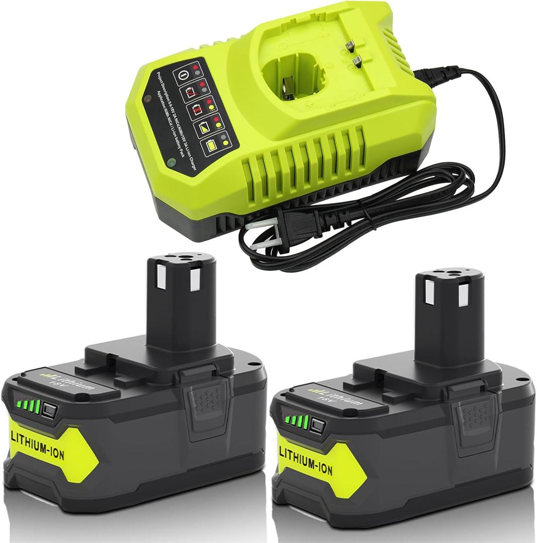 2 Packs 6ah P108 18V Battery and P117 Charger Compatible with Ryobi 18 Volt Batteries Lithium ion P100 P102 P103 P104 P105 P107 P108 P109 P119 P122 (Green)