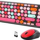 Wireless Keyboard and Mouse Combo, Retro Typewriter Wireless Keyboard with Round Keycaps, 2.4GHz USB Cute Wireless Keyboard Mouse for Computer, Desktop, Laptop and Computer (Black-Colorful)